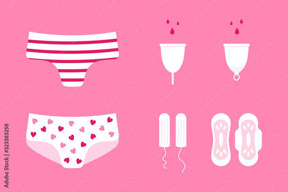 Set, collection of vector cartoon style icons for female hygiene design. 