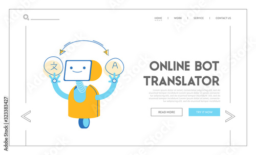Robot Translator of Foreign Language Website Landing Page. Ai Chatbot Online Support for Translation Document and Reading Books Technology Web Page Banner. Cartoon Flat Vector Illustration, Line Art