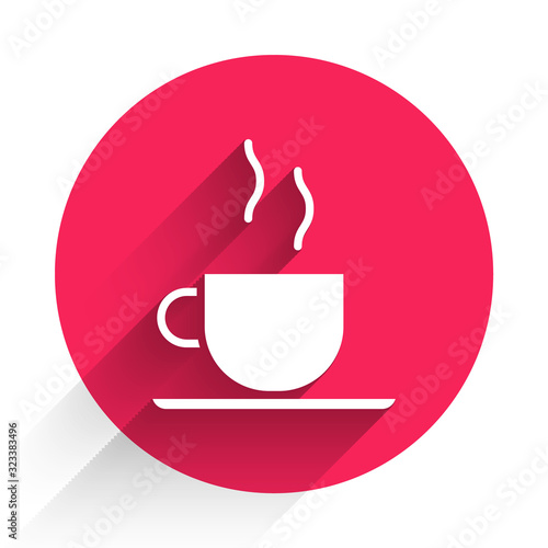 White Coffee cup icon isolated with long shadow. Tea cup. Hot drink coffee. Red circle button. Vector Illustration