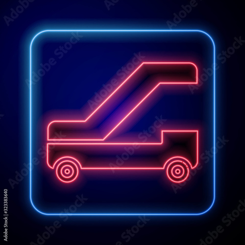Glowing neon Passenger ladder for plane boarding icon isolated on blue background. Airport stair travel.  Vector Illustration