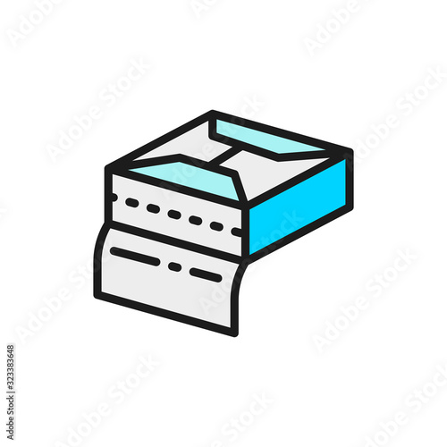 Open paper napkin packaging, wipes package, wet tissue flat color line icon.