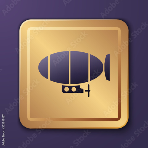 Purple Airship icon isolated on purple background. Gold square button. Vector Illustration