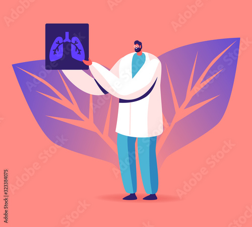 Pulmonology Specialist, Professional Doctor Holding X-ray Image of Lungs Learning Patient Fluorography with Tuberculosis or Pneumonia Disease. Medical Staff Work Cartoon Flat Vector Illustration