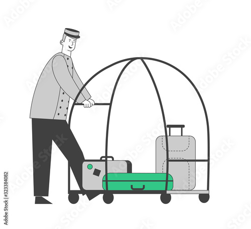 Bellhop, Bellboy or Bellman Pushing Luggage Cart with Suitcases, Hotel Staff in Uniform Isolated on White Background. Meeting Guest Hospitality Service, Cartoon Flat Vector Illustration, Line Art
