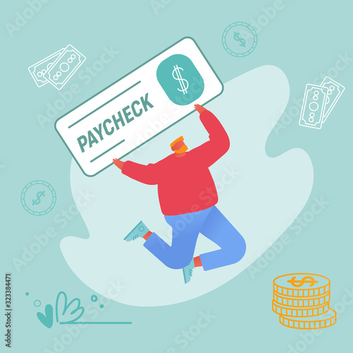 Man Jump with Huge Voucher for Getting Money in Bank with Place for Signature. Paycheck Lottery Win, Salary and Payroll Payment Concept. Employee Get Cheque Earning Cartoon Flat Vector Illustration