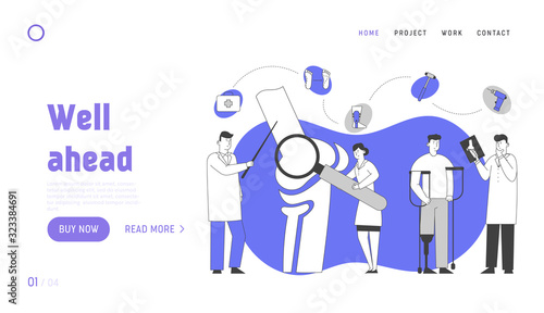 Orthopedics Medical Concilium, Healthcare Website Landing Page. Doctor Traumatologist Look at X-ray Discuss Patient Treatment with Colleague Web Page Banner. Cartoon Flat Vector Illustration, Line Art