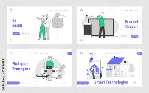 People Using Smart Devices and Technologies Website Landing Page Set. Characters Use Gadgets, Making Selfie, Chatting on Laptop at Home. Web Page Banner. Cartoon Flat Vector Illustration, Line Art