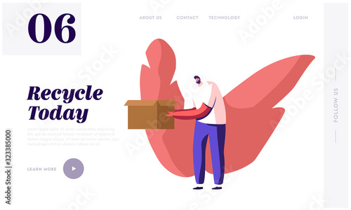 Wastepaper Recycling Solution Website Landing Page. Young Man Volunteer Eco Activist Carry Used Carton Box. Paper Waste Trash Recycle, Stop Pollution Web Page Banner. Cartoon Flat Vector Illustration