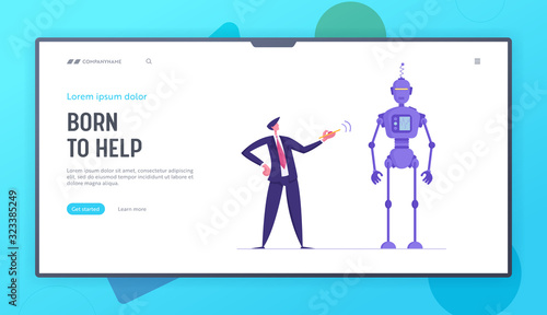 Human and Robot Website Landing Page. Businessman Push Red Button on Remote Control to Make Huge Robot Moving. Cyborg Automation, Future Technologies Web Page Banner. Cartoon Flat Vector Illustration