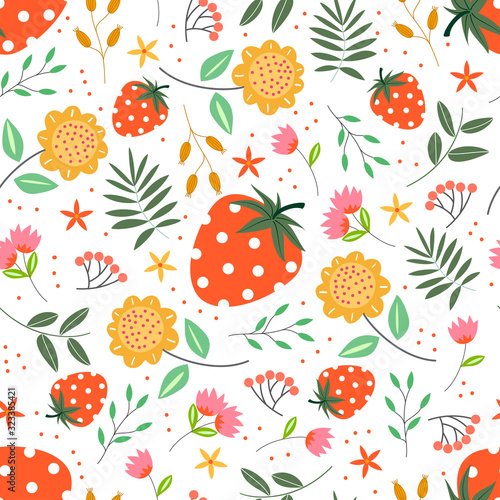Cute floral pattern with strawberry in the white backdrop.