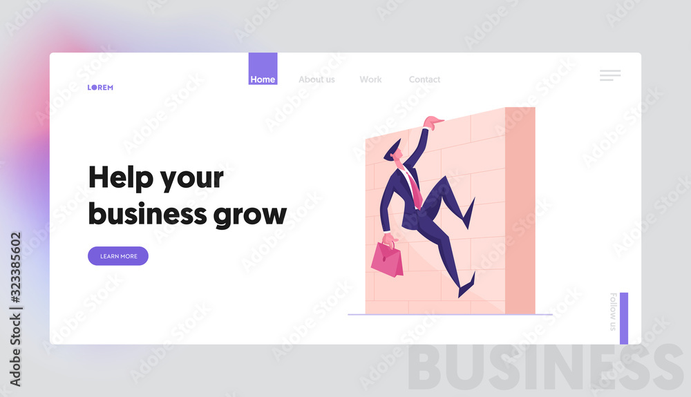 Leadership Competition, Challenge Website Landing Page. Successful Leader Business Man Holding Briefcase Climbing Wall, Businessman Race with Barrier Web Page Banner. Cartoon Flat Vector Illustration
