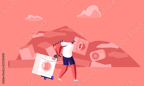 Man Pulling Old Washing Machine on Manual Forklift Cart to Scrapmetal Dump. Metallic Things Reuse and Recycling Industry, Environment Protection, Scrap Metal Pollution Cartoon Flat Vector Illustration