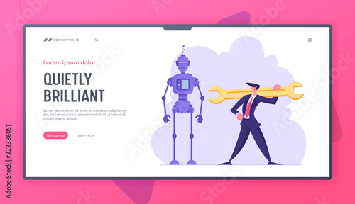 Robotics Engineering, Chatbot and Automatization in Business Website Landing Page. Businessman with Huge Wrench Stand near Cyborg. Robot in Human Life Web Page Banner. Cartoon Flat Vector Illustration