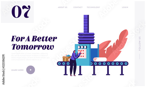 Garbage Manufacturing Website Landing Page. Paper Wastes Recycling Technological Process. Worker Select and Sort Carton Litter at Factory Conveyor Web Page Banner. Cartoon Flat Vector Illustration