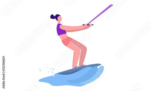 Active female practicing extreme sport wakeboarding vector flat illustration. Woman in swimsuit enjoying summer outdoor activity surrounded by water waves isolated on white background