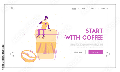 Morning Refreshment and Hot Drink for Takeaway Website Landing Page. Sleepy Man Yawning Sitting on Huge Plastic Cup with Coffee Bean beside Web Page Banner. Cartoon Flat Vector Illustration, Line Art