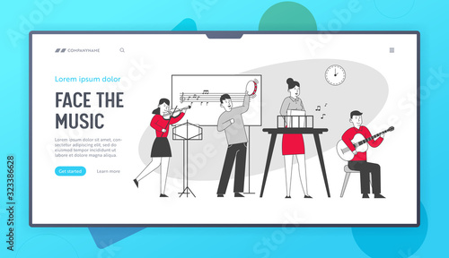 Children on Lesson in Music School Website Landing Page. Teacher and Students Training with Instruments Violin Guitar and Tambourine in Class Web Page Banner Cartoon Flat Vector Illustration, Line Art