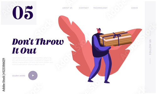 Wastepaper Reduce Pollution Website Landing Page. Man Volunteer Activist Carry Pile of Old Used Carton Sheets Collecting Trash for Recycling and Reuse Web Page Banner. Cartoon Flat Vector Illustration