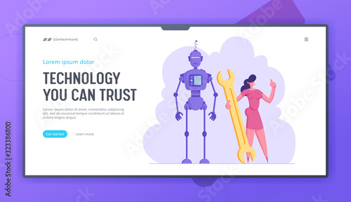 Futuristic Technology Website Landing Page. Businesswoman with Huge Wrench Stand near Cyborg. Technical Support, Robot Human Business Automatization Web Page Banner. Cartoon Flat Vector Illustration