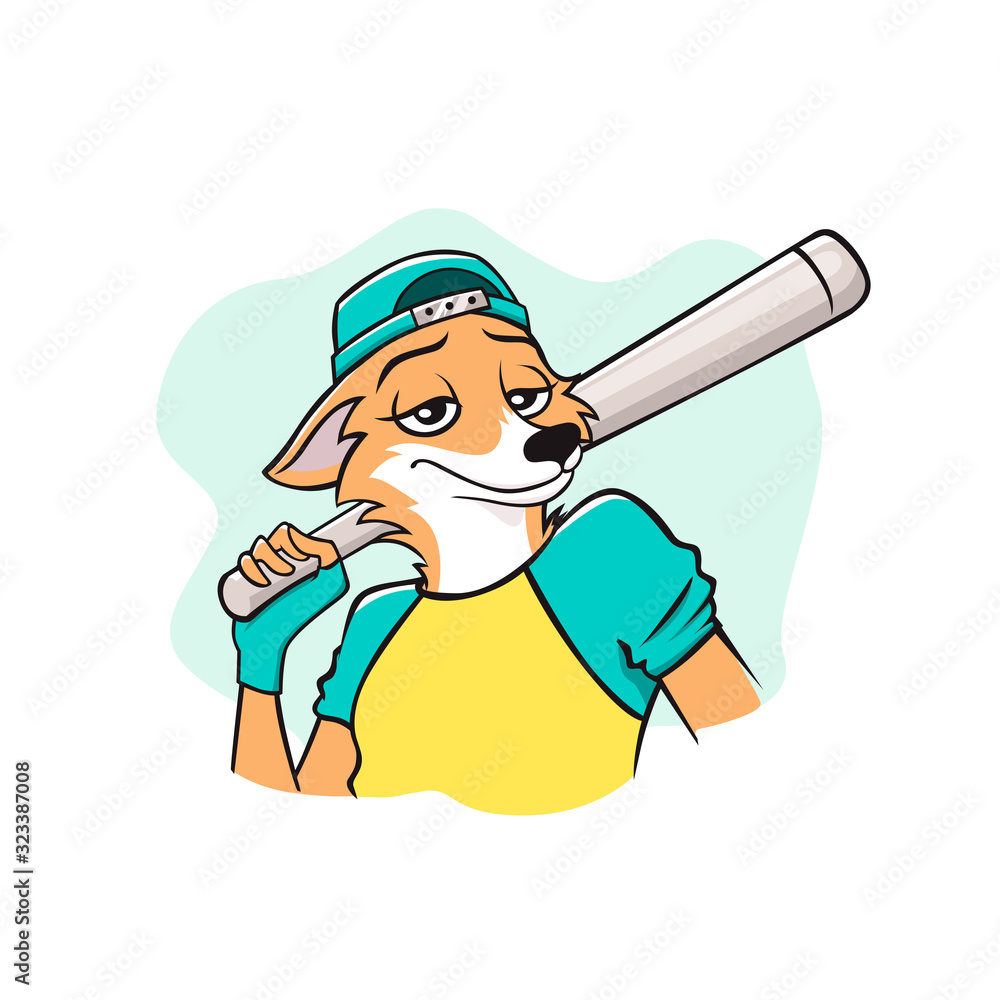 Portrait of pleasant smiling fox baseball player vector graphic illustration. Face of positive sports cartoon animal character posing holding baseball bat isolated on white background Portrait of pleasant smiling fox baseball player vector graphic illustration. Face of positive sports cartoon animal character posing holding baseball bat isolated on white background