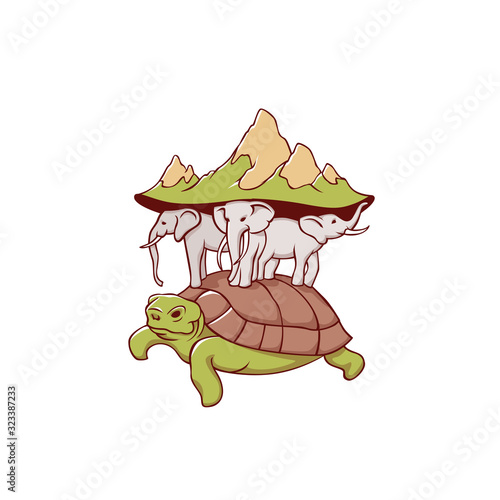 Cartoon mythological depiction of planet earth vector graphic illustration. Fantasy flat earth on turtle carrying elephants. Ancient representation of world isolated on white background