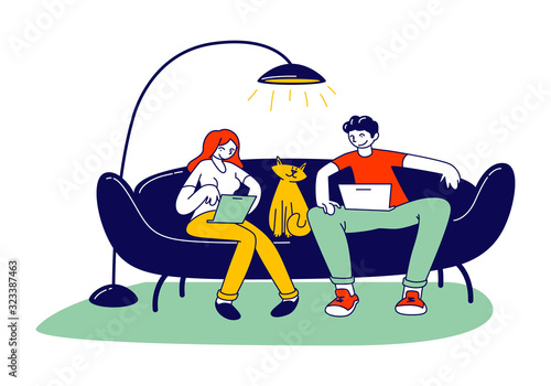 Freelance Selfemployed Occupation Concept. Relaxed Man and Woman Freelancers Character Sitting on Couch Working Distant on Laptop from Home. Remote Workplace Cartoon Flat Vector Illustration, Line Art