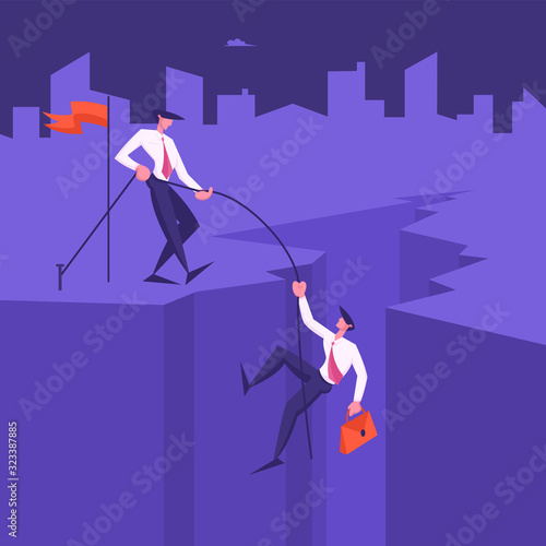 Business Man Climbing on Mountain Peak from Cleft Bottom, Leader Pull Colleague with Rope. Assistance, Team Work, People Working Together for Goal Achievement Concept Cartoon Flat Vector Illustration