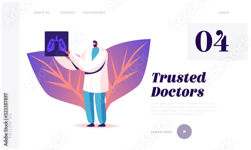 Tuberculosis or Pneumonia Disease Website Landing Page. Pulmonology Specialist Male Doctor Holding X-ray Image of Lungs Learning Patient Fluorography Web Page Banner. Cartoon Flat Vector Illustration