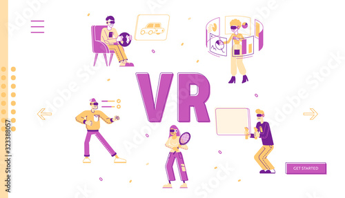 People Use Virtual and Augmented Reality Technology Website Landing Page. Characters in Glasses Playing Vr Games, Work with Data Analysis Web Page Banner. Cartoon Flat Vector Illustration, Line Art