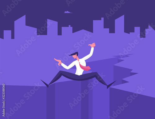 Confused Frightened Businessman Stand on Rock with Deep Cleft between hid Legs. Crisis Management, Bankruptcy and Dept Concept. Business Man in Dangerous Situation Cartoon Flat Vector Illustration