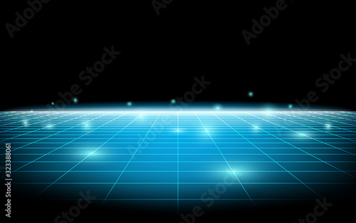 Vector perspective 3d mesh with simple grid blue line on dark background.