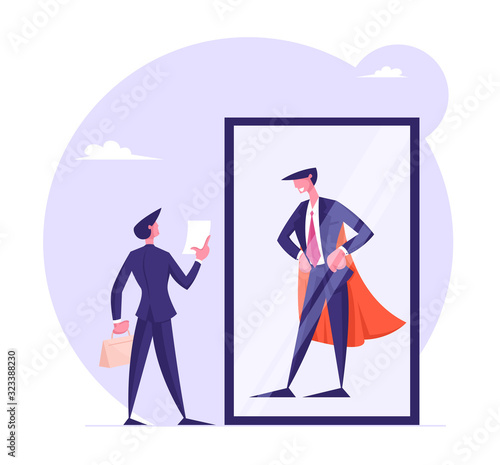 Usual Office Manager Look at Mirror with Reflection of himself as Successful Business Man in Super Hero Cape. Employee Dream to Become Wealthy Businessman Concept Cartoon Flat Vector Illustration