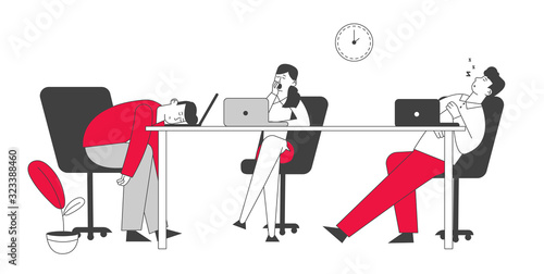 Procrastination Concept. Boring, Procrastinating and Lazy Businesspeople Employees Sleeping and Yawning at Workplace Office Desk Postponing Work, Unprofitable Time Cartoon Flat Vector Illustration