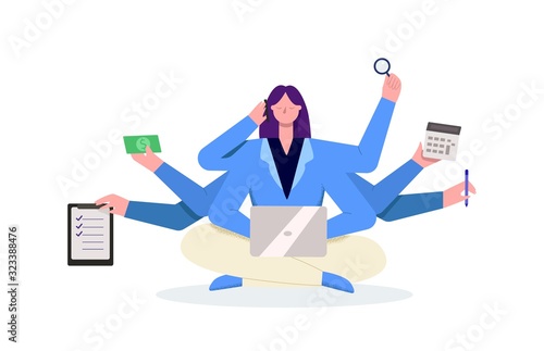 Cartoon multitasking young business woman using smartphone and laptop vector flat illustration. Female character personal assistant or secretary during working isolated on white background