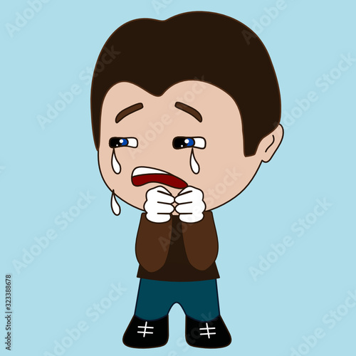 emoji with poor upset guy that weeps and cries with tear drops running on his hands because he is devastated by troubles in life, simple colored emoticon