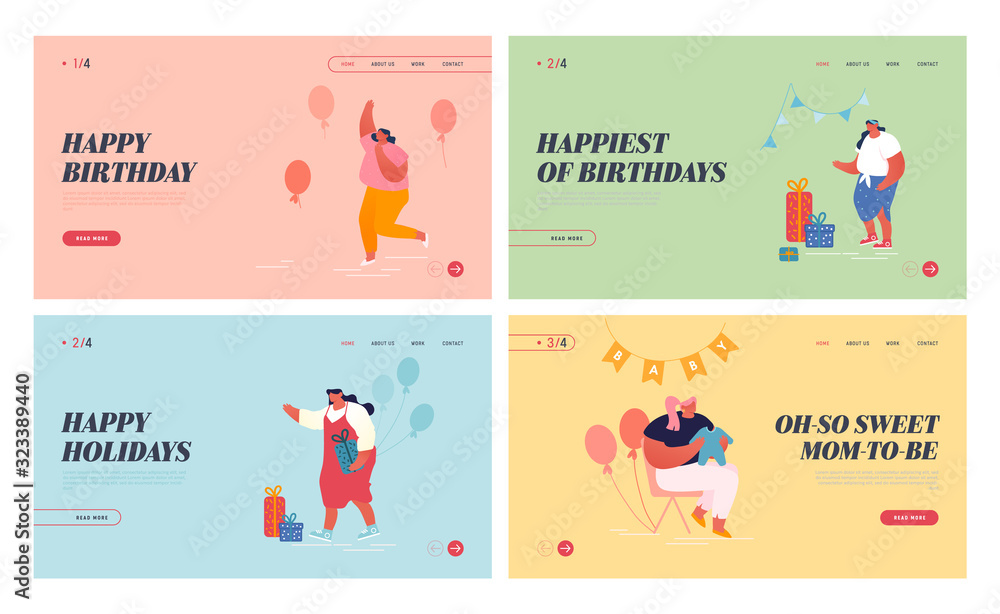 Happy Birthday and Baby Shower Party Celebration Website Landing Page. Characters in Room Decorated with Balloons, Garlands and Wrapped Presents Web Page Banner. Cartoon Flat Vector Illustration