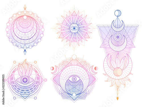 Vector set of Sacred geometry symbols with moon, sun, eye and arrows on white background. Abstract mystic signs collection.