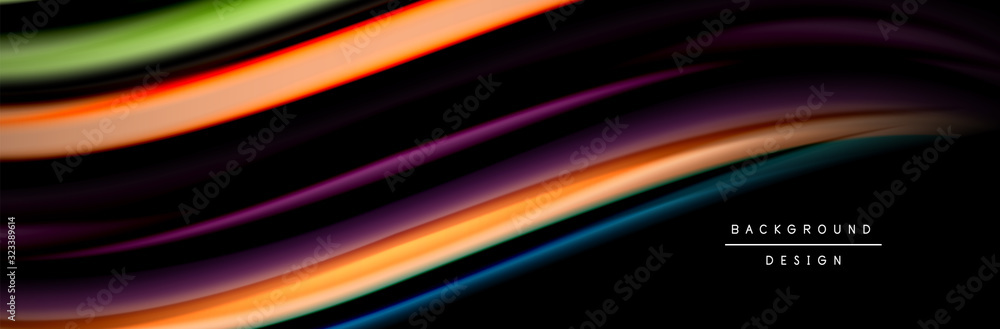 Silk and smooth flow wave poster design. Color waves, liquid style lines and shapes in black color background Silk and smooth flow wave poster design. Color waves, liquid style lines and shapes in black color background