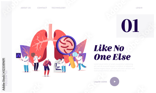 Respiratory Medicine Pulmonology Healthcare Website Landing Page. Doctors Check Human Tuberculosis or Pneumonia Lungs, Make X-ray. Pulmonological Care Web Page Banner. Cartoon Flat Vector Illustration