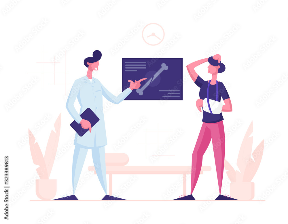 Medical Doctor Showing X-ray Picture with Limb Fracture to Male Patient with Broken Arm. Healthcare, Man with Injured Bandaged Hand Visiting Hospital for Appointment Cartoon Flat Vector Illustration