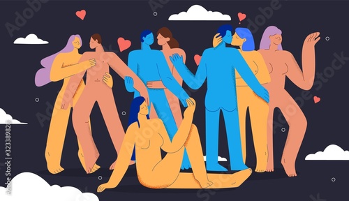 Cartoon naked man and woman kissing and hugging at swinger party vector flat illustration. Crowd of free bare body people enjoying love and tenderness together big limbs style