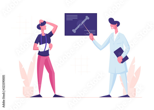 Medical Specialist Appointment, Healthcare Concept. Doctor Traumatologist Show at X-ray Picture with Limb Fracture to Patient with Broken Arm, Treatment in Hospital Cartoon Flat Vector Illustration