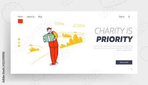 Man Carry Box with Donating Things Website Landing Page. Charity Organization Help People in Troubles, Volunteer Donation Humanitarian Aid Web Page Banner. Cartoon Flat Vector Illustration, Line Art