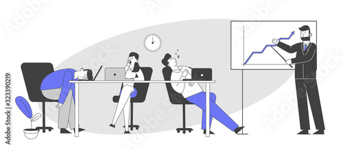 Businesspeople Boring at Meeting or Presentation. Businessman Explain Company Strategy or Data Analysis Stand at Whiteboard, Boring Employees Sleeping at Desk Cartoon Flat Vector Illustration Line Art