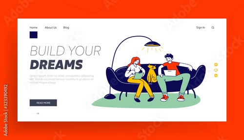 Freelance Self-employed Occupation Website Landing Page. Freelancers Sitting on Couch Working Distant on Laptop from Home. Remote Workplace Web Page Banner. Cartoon Flat Vector Illustration, Line Art