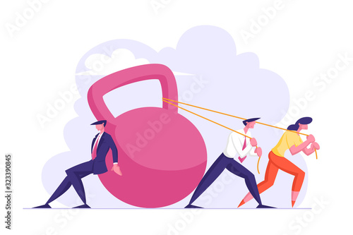 Group of Businesspeople Dragging Huge Weight Pushing and Pulling Dumbbell on Ropes, Businessmen and Businesswoman Bank Loan, Tax Payment Obligation, Financial Debt Cartoon Flat Vector Illustration