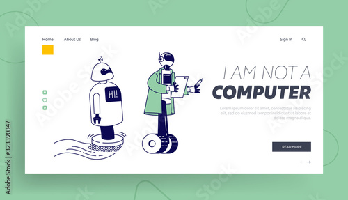 Ai Artificial Intelligence. Futuristic Technologies, Automation Website Landing Page. Robots Help Human Working in Office, Chatbot Assistance Web Page Banner. Cartoon Flat Vector Illustration Line Art