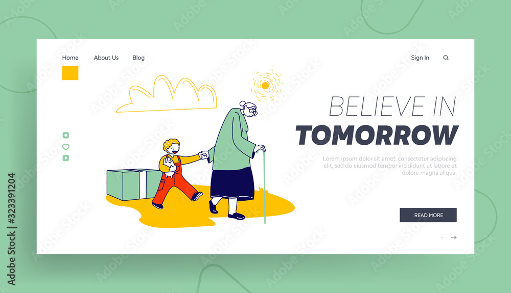 Poor People Need Help and Material Assistance Website Landing Page. Senior Woman with Little Boy Get Humanitarian Aid and Material Assistance Web Page Banner. Cartoon Flat Vector Illustration Line Art