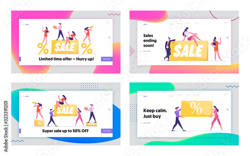 Promotion Discount and Price Off Day Website Landing Page Set. Promoters with Sale Banner and Percent Symbols, Shopping Advertisement and Consumerism Web Page Banner. Cartoon Flat Vector Illustration