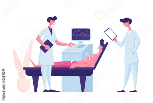 Doctor and Nurse Scanning Young Male Patient on Ultrasound Machine in Hospital Chamber with Computer Device for Medical Check Up, Diagnostic and Health Care Concept. Cartoon Flat Vector Illustration